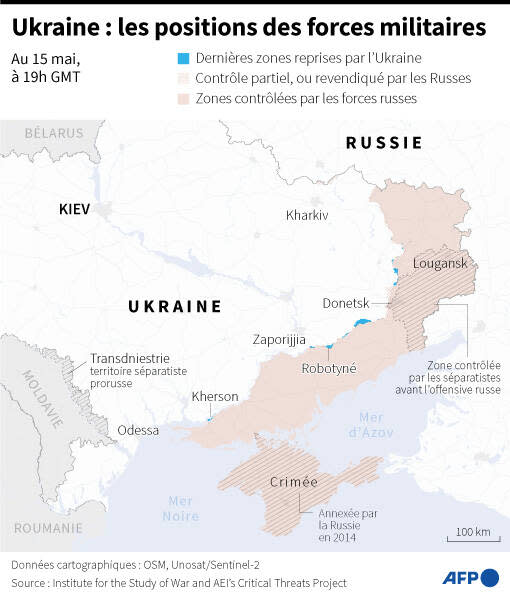 Carte des zones contrôlées par les forces ukrainiennes et russes en Ukraine au 15 mai 2024 à 19h GMT
