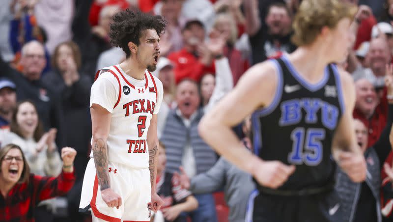 Texas Tech’s guard Pop Isaacs (2) celebrates during a game against BYU, Saturday, Jan. 20, 2024, in Lubbock, Texas. The Red Raiders overcame a 16-point halftime lead to defeat BYU. Next up for Mark Pope’s team is a game against No. 4 Houston on Tuesday night in Provo.