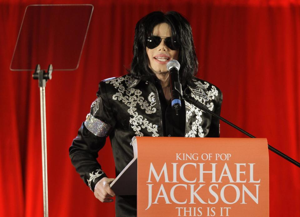 FILE - In this March 5, 2009 file photo, US singer Michael Jackson announces that he is set to play a series of comeback concerts at the London O2 Arena in July, which he announced at a press conference at the London O2 Arena. A judge heard arguments on Friday, Jan. 3, 2014, from lawyers for Jackson's mother, Katherine Jackson, who is seeking a new trial in her negligent hiring case against concert promoter AEG Live LLC. Los Angeles Superior Court Judge Yvette Palazuelos did not issue an immediate ruling but indicated in a tentative ruling that she would not grant a new trial. (AP Photo/Joel Ryan, File)