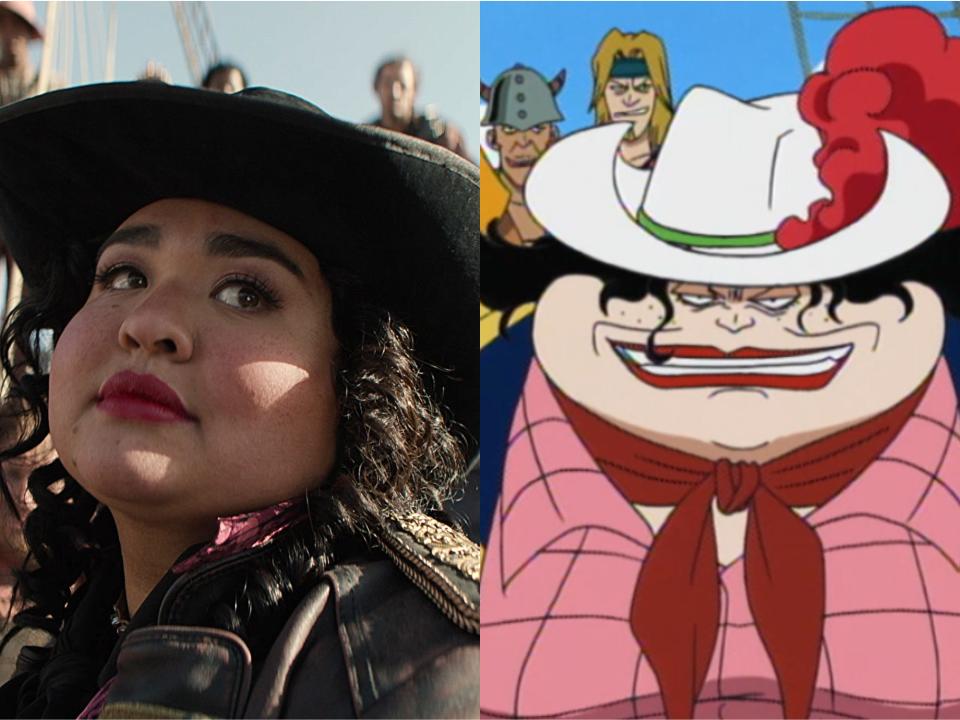 left: ilia paulino as alvida in one piece, a woman with curly hair in a hat; right: alvida in the one piece anime, scowling. she's a large pirate with a wide face
