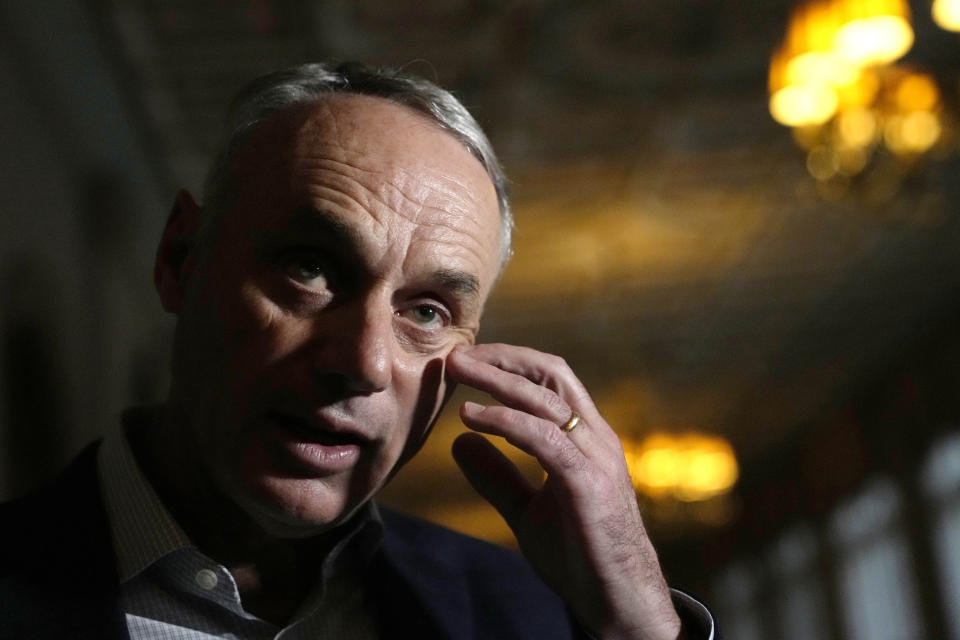 Major League Baseball Commissioner Rob Manfred speaks with the news media after a meeting of MLB owners, Thursday, Feb. 9, 2023, in Palm Beach, Fla. (AP Photo/Lynne Sladky)