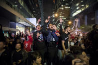 TORONTO, ON - JUNE 13: Toronto Raptors fans cheer after the team beat the Golden State Warriors in Game Six of the NBA Finals, during a viewing party in Jurassic Park outside of Scotiabank Arena on June 13, 2019 in Toronto, Canada. (Photo by Cole Burston/Getty Images)