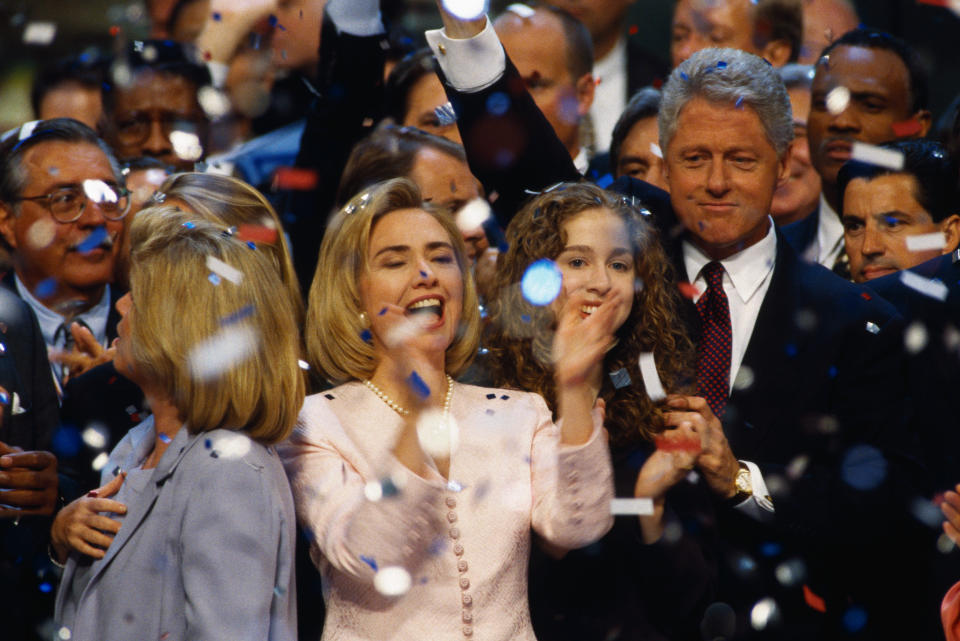 Waving supporters of Bill Clinton, including his wife Hillary, daughter Chelsea and Tipper Gore, cheer and applaud after Clinton's acceptance speech at the 1996 Democratic National Convention. 