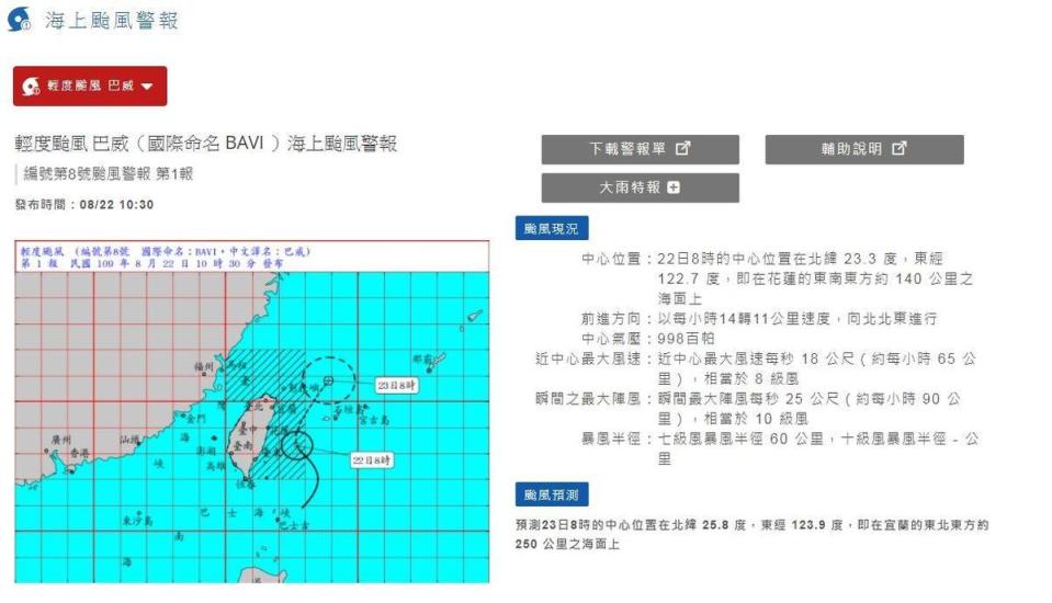 中央氣象局針對巴威颱風發出海警。（翻攝自中央氣象局）