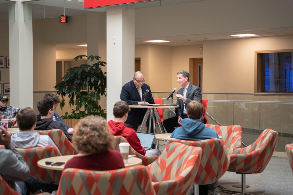 IU athletic director Scott Dolson (right) speaks to a NIL Media Branding class at IU's Media School.