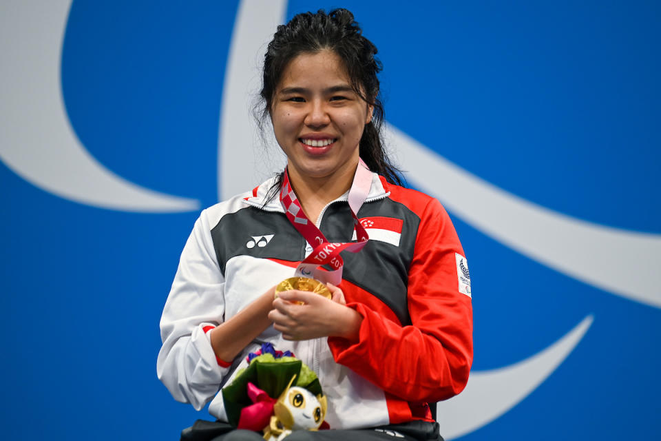 Singapore swimmer Yip Pin Xiu with her gold medal in the women's 50m backstroke (S2) event at the 2020 Tokyo Paralympics. (PHOTO: Sport Singapore)