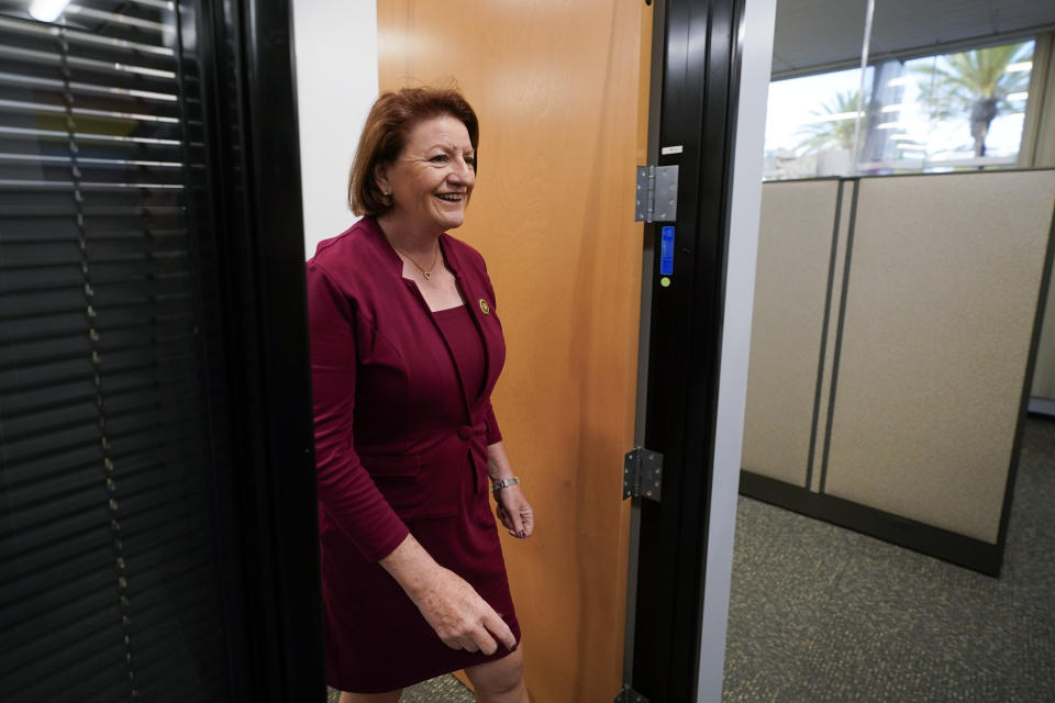 California state Senate President Pro Tempore Toni Atkins leaves a briefing with district representatives, Monday, Nov. 13, 2023, in San Diego. Atkins is preparing to step down from her leadership post early next year, though she could make history again with a run for governor. (AP Photo/Gregory Bull)