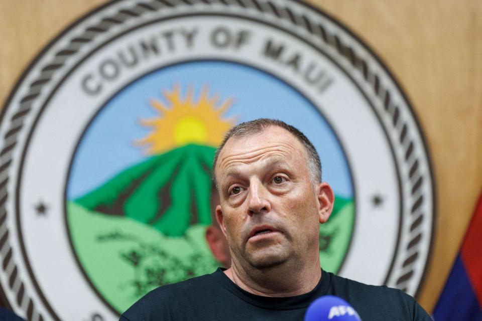 PHOTO: Hawaii's Governor Josh Green speaks about the Maui fire during a media conference in Kahului on Maui island, Hawaii, Aug. 12, 2023. (Mike Blake/Reuters)