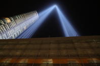 <p>The Tribute in Light rises above the skyline on the roof of the Battery Parking Garage on Sept. 11, 2017, the 16th anniversary of the 2001 terrorist attacks. (Gordon Donovan/Yahoo News) </p>