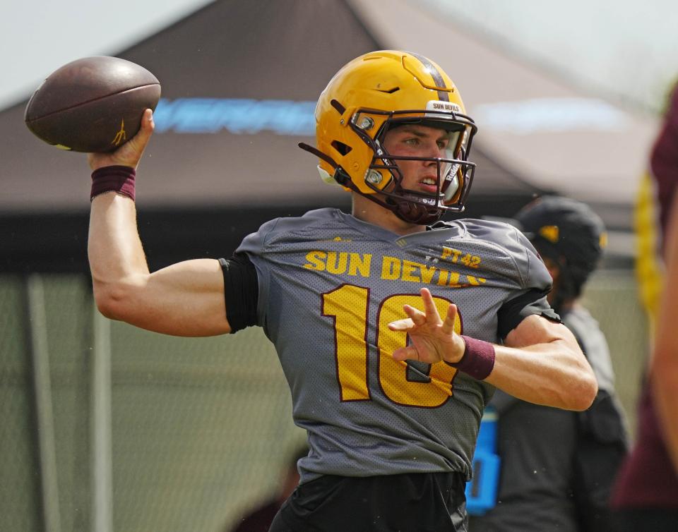 ASU quarterback Sam Leavitt (10) throws a pass during a spring practice at Kajikawa Practice Fields in Tempe on April 24, 2024.