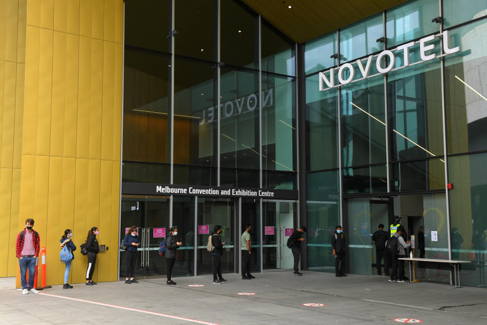 The Novotel Melbourne South Wharf hotel took in 44 people with symptoms or complex health needs. Source: AAP