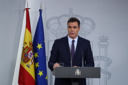 Spain's acting Prime Minister Pedro Sanchez delivers a statement after Spain's Supreme Court announcement on the verdict in the high stakes trial of Catalan separatist leaders over a banned independence referendum at Moncloa Palace in Madrid