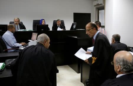 Palestinian judges discuss a petition to suspend municipal elections, at the High Court office in the West Bank city of Ramallah September 8, 2016. REUTERS/Mohamad Torokman