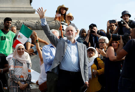 Britain's Labour Party Leader Jeremy Corbyn joins other demonstrators at an anti-Trump protest in central London, Britain, July 13, 2018. REUTERS/Peter Nicholls