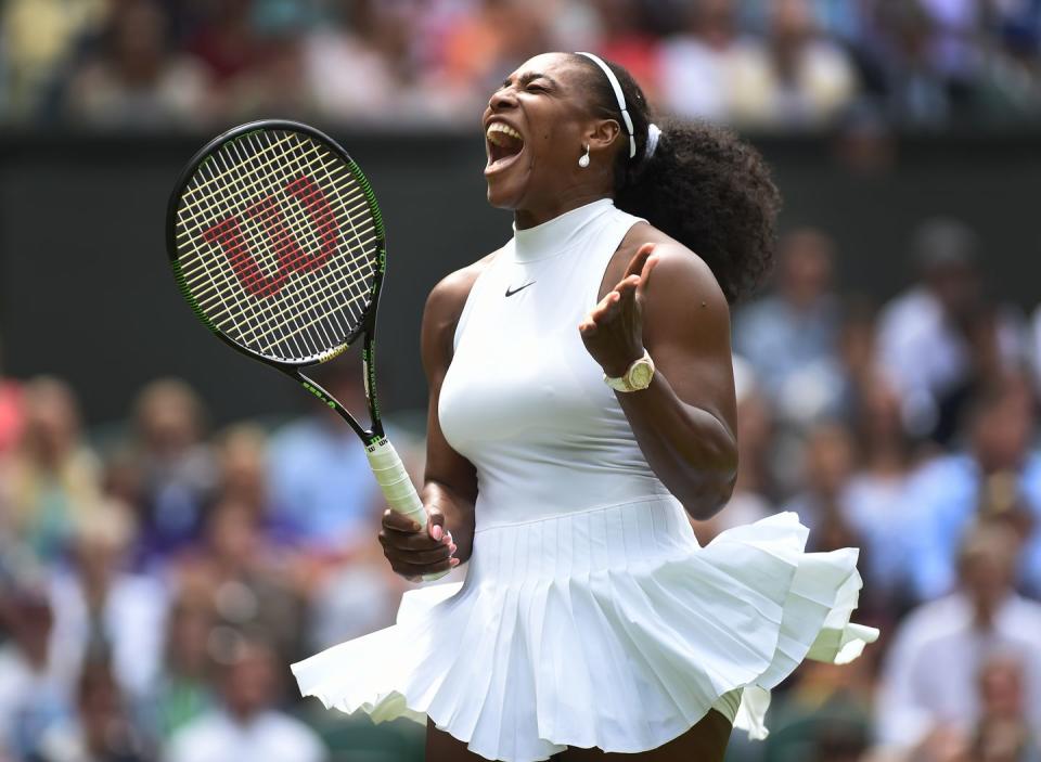 london, england   june 28 serena williams of usa shouts out with anxiety during her first round match against amra sadikovic of switzerland at wimbledon on june 28, 2016 in london, england photo by visionhauscorbis via getty images  local caption  serena williams