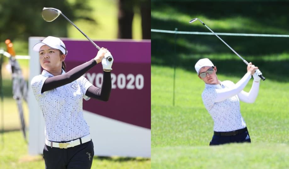 徐薇淩（左）與李旻（右）今天在女子高爾夫球賽第二輪賽事中，以69的成績並列第11名。（體育署提供）