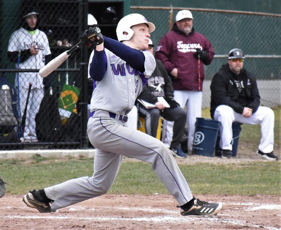 West Canada Valley Indian Iain Farber sends a ball over the right field fence at Soldiers and Sailors Park against Fort Plain Friday in the final game of the Ben Conte Memorial Tournament. Farber homered in both games played by West Canada Valley and was selected as the most valuable player for helping the Indians win the championship.