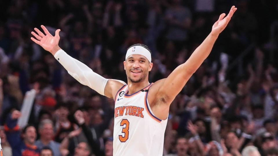 New York Knicks guard Josh Hart (3) celebrates during game four of the 2023 NBA playoffs against the Cleveland Cavaliers at Madison Square Garden.