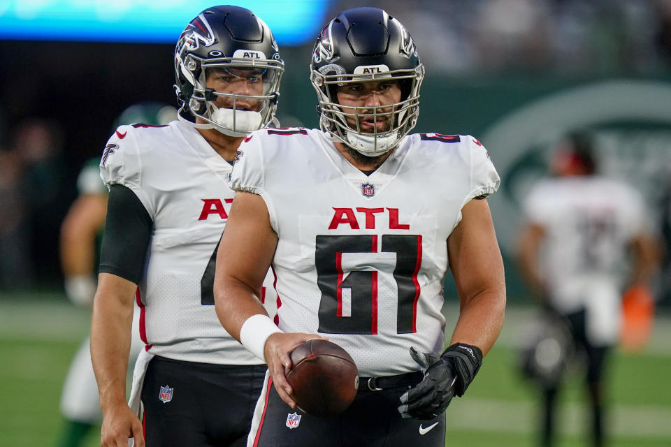 FILE - Atlanta Falcons center Matt Hennessy (61) practices before a preseason NFL football game against the New York Jets, Monday, Aug. 22, 2022, in East Rutherford, N.J. The Falcons’ depth at left guard took another hit on Tuesday, Nov. 8, 2022, when Hennessy was placed on injured reserve with a knee injury. (AP Photo/Frank Franklin II, File)