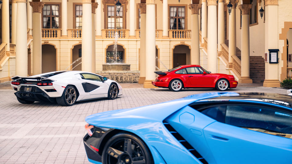 Exotic cars on display in a courtyard at the Biltmore Hotel Miami-Coral Gables in Florida.