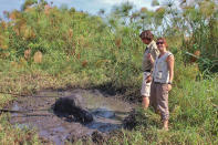 The elephant, with mud up to its neck, struggled to free its trunk and was close to drowning, according to the newspaper. Bradley and Annelize White, owners of a lodge in Victoria Falls heard the call for help over the radio and joined the rescue team. (Caters News Agency)