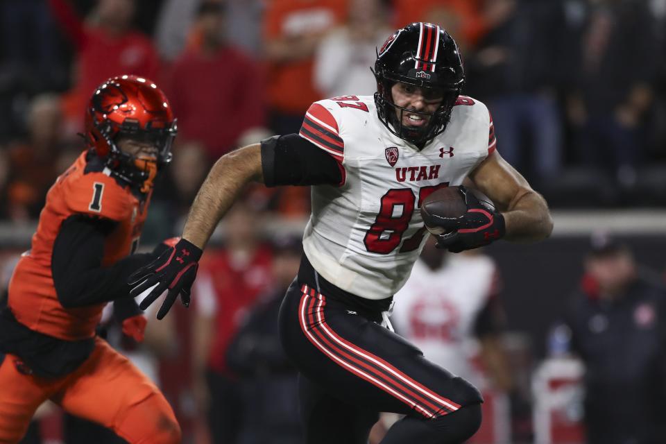 Utah tight end Thomas Yassmin (87) rushes for a touchdown against Oregon State during the second half of an NCAA college football game Friday, Sept. 29, 2023, in Corvallis, Ore. Oregon State won 21-7. | Amanda Loman, Associated Press