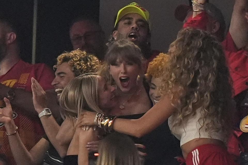 Taylor Swift celebrates with Ashley Avignone, Ice Spice and Blake Lively during the second half of the NFL Super Bowl 58 football game between the San Francisco 49ers and the Kansas City Chiefs, Sunday, Feb. 11, 2024, in Las Vegas. (AP Photo/Frank Franklin II)