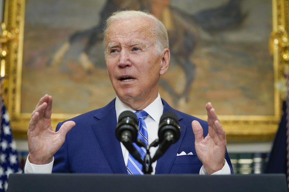 President Joe Biden speaks in the Roosevelt Room of the White House, Wednesday, May 4, 2022, in Washington. (AP Photo/Evan Vucci)