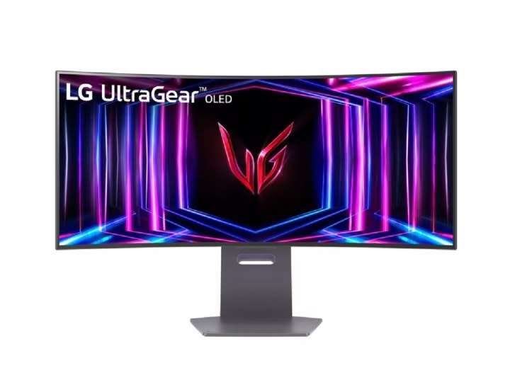 The LG 34-inch UltraGear OLED WQHD curved gaming monitor on a white background.
