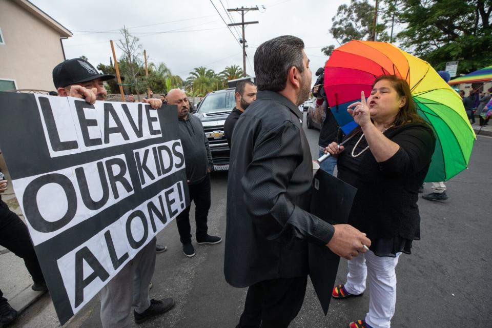 Protesters face off in front of Saticoy Elementary School.