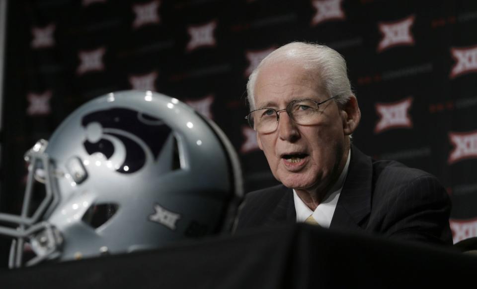 Kansas State head coach Bill Snyder speaks to reporters during the Big 12 college football media days in Dallas, Tuesday, July 19, 2016. (AP Photo/LM Otero)