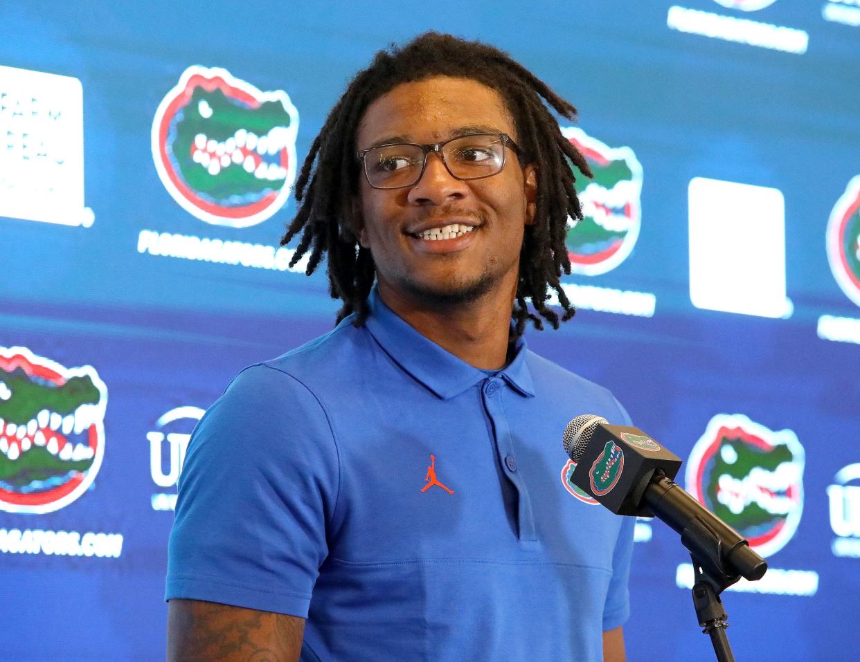 Florida quarterback Anthony Richardson, seen here answering questions from the media Wednesday at the Heavener Football Training Facility, gets his first start at The Swamp on Saturday against No. 7-ranked Utah.
