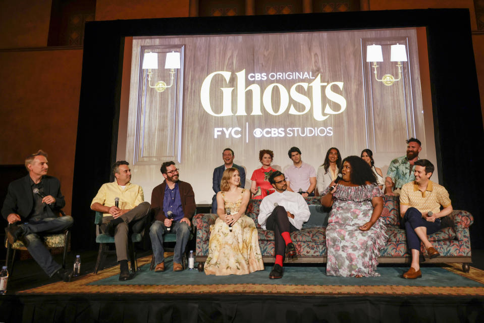 GHOSTS FYC Event at The Hollywood Roosevelt in support of CBS Original series GHOSTS on CBS Television Network, and available to stream live and on-demand on Paramount+. 
Pictured: Michael Schneider from Variety, Co-EP/Co-Showrunner Joe Port, Co-EP/Co-Showrunner Joe Wiseman, Brandon Scott Jones, Rose McIver, Rebecca Wisocky, Utkarsh Ambudkar, Asher Grodman, Roman Zaragoza, Danielle Pinnock, Sheila Carrasco, Devan Chandler Long and Richie Moriarty.
Photo: Francis Specker/CBS ©2023 CBS Broadcasting, Inc. All Rights Reserved