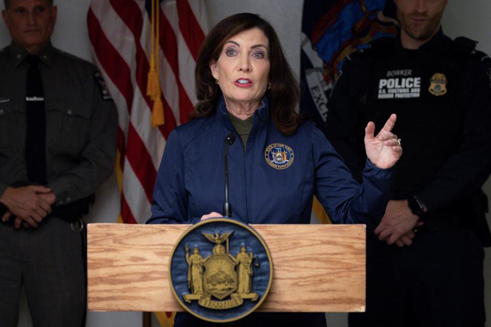 New York Governor Kathy Hochul speaks to press after an incident at the Rainbow Bridge crossing (REUTERS)