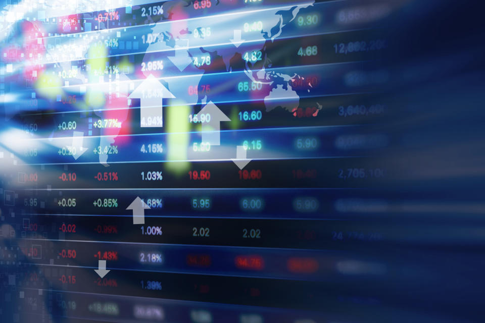 Stock market numbers and arrows indicating direction.