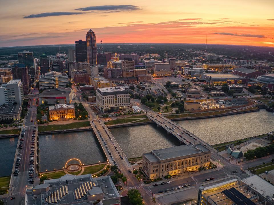 Aerial View of the Des Moines, Iowa, Skyline at Sunset