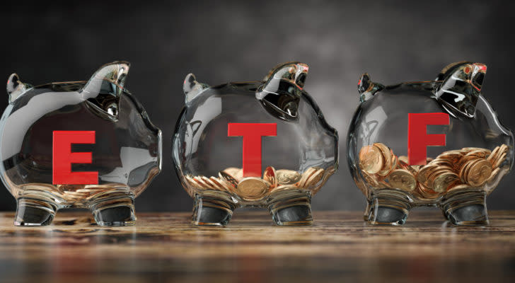 An image of three glass piggy banks with ETF written on the sides on a table. the best ETFs