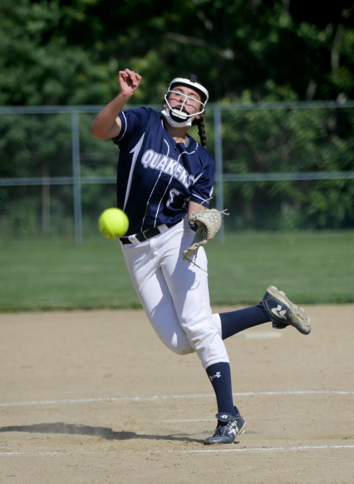 Moses Brown pitcher Anna Costello threw for the Quakers Thursday. [The Providence Journal / Kris Craig]