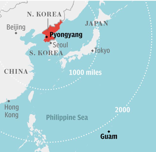 Map: Guam in relation to North Korea