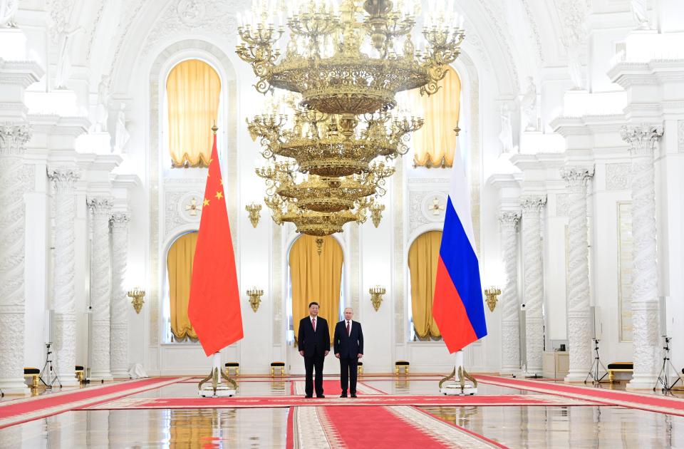 Russian President Vladimir Putin, right, and Chinese President Xi Jinping attend an official welcome ceremony at The Grand Kremlin Palace, in Moscow, Russia, Tuesday, March 21, 2023. (Pavel Byrkin, Sputnik, Kremlin Pool Photo via AP)