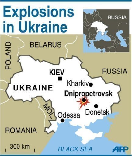 Map of Ukraine, locating explosions in Dnipropetrovsk