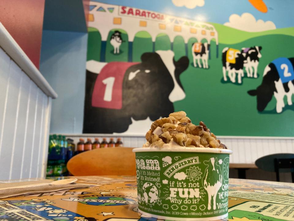 A dish of Cherry Garcia ice cream topped with nuts, shown April 14, 2022 at Ben & Jerry's in Saratoga Springs, New York.