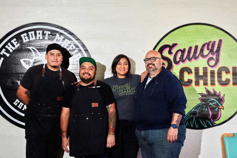 Ivan Flores and Juan Garcia of the Goat Mafia alongside Rhea Patel Michel and Marcel Rene Michel of Saucy Chick Rotisserie