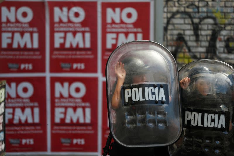 FILE PHOTO: Demonstrators protest against government's agreement with the IMF, in Buenos Aires