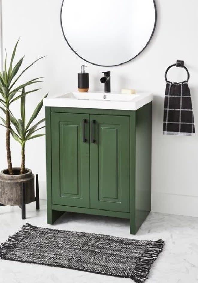 dark green under the sink bathroom vanity