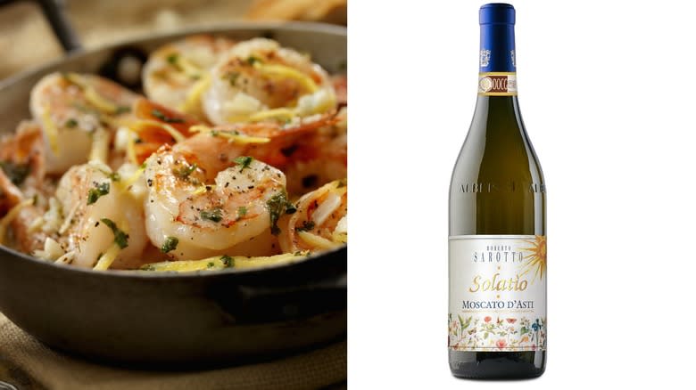 Garlic shrimp and wine bottle