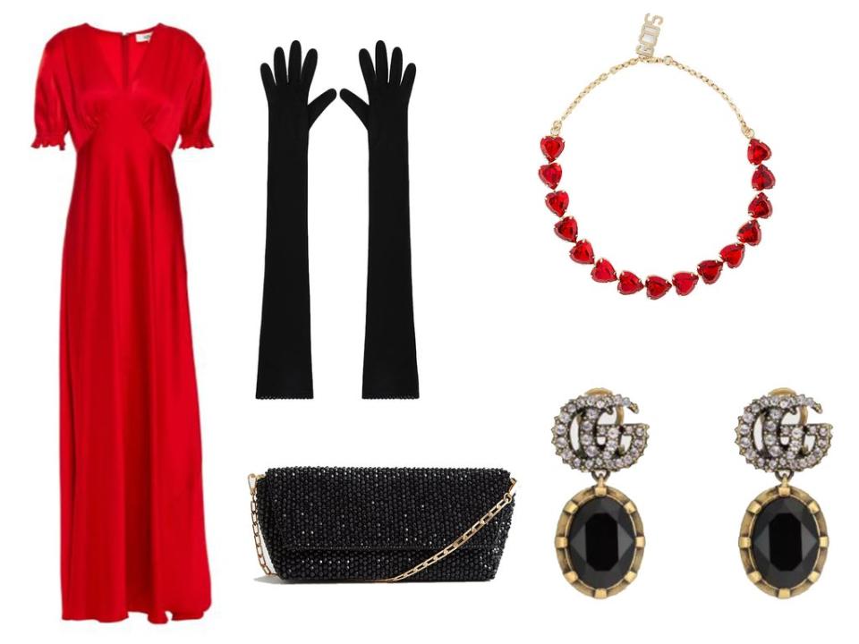 DVF gown: £229,  LilySilk gloves: £25.99, Reiss clutch: £148, GCDS choker: £145, Gucci earrings: £285. (The Independent)