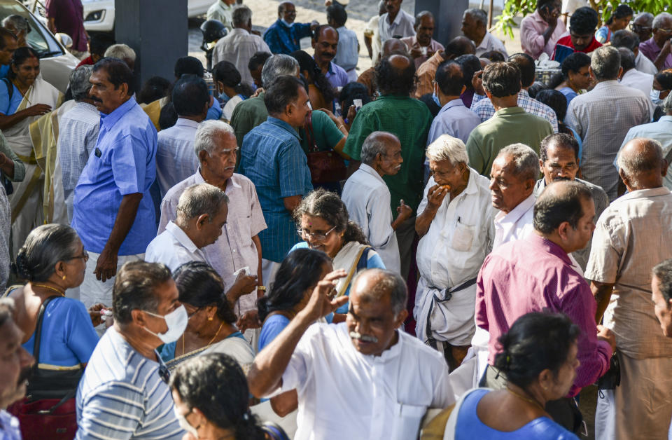 Pensioners chat as hundreds of them gather for a meeting in Piravom, Kerala state, India, March 31, 2023. In the last 60 years, the percentage of those aged 60 and over in India's Kerala state has shot up from 5.1% to 16.5% — the highest proportion in any state. This makes Kerala an outlier in a country with a rapidly growing population, soon to be the world’s most populous at 1.4 billion. (AP Photo/R S Iyer)