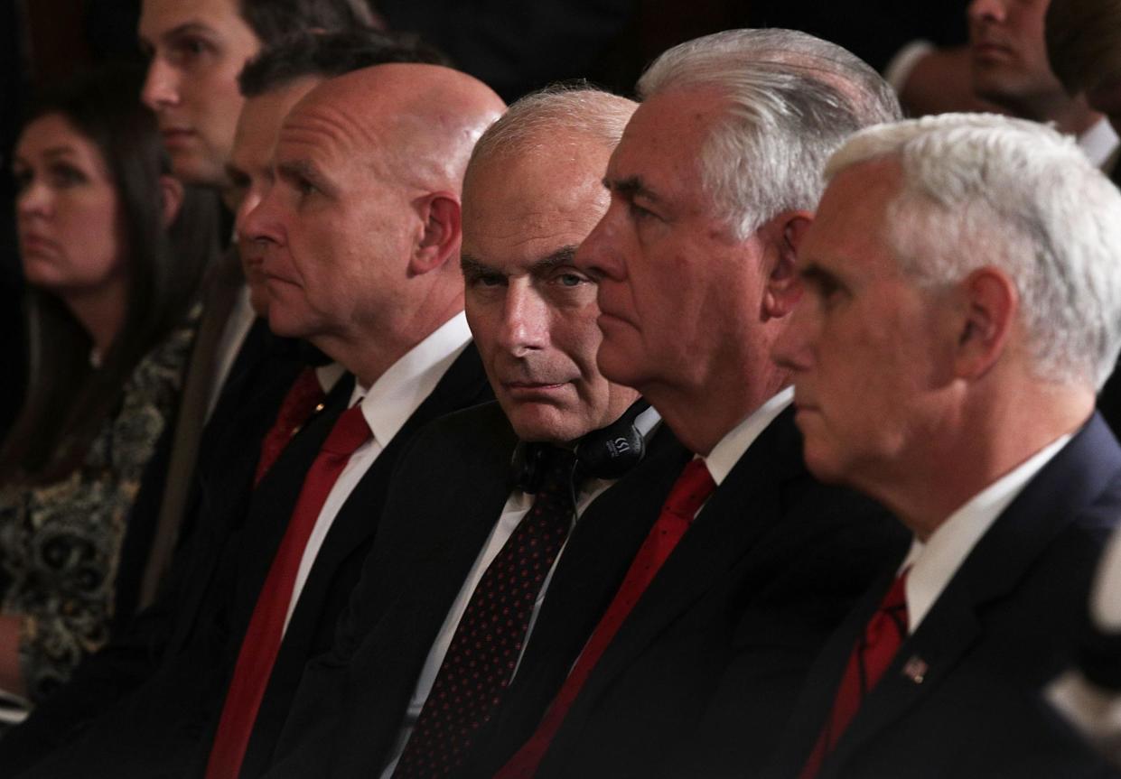 National Security Adviser HR McMaster, White House Chief of Staff John Kelly, Secretary of State Rex Tillerson and Vice President Mike Pence listen during a news conference: Alex Wong/Getty Images