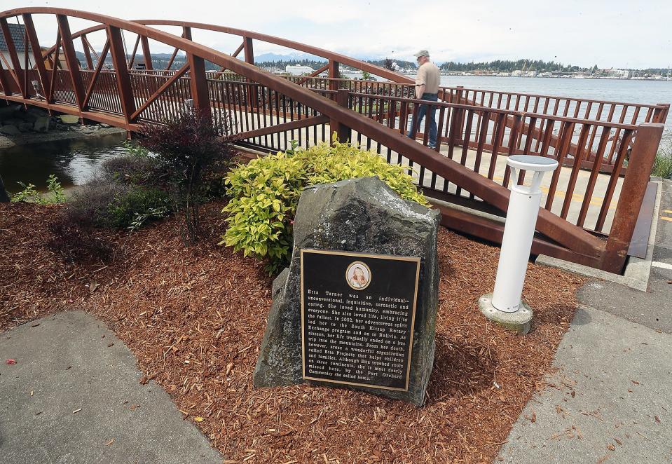 A plaque memorializing Etta Turner adorns a rock in front of the pedestrian bridge that crosses the mouth of Blackjack Creek at Etta Turner Park in Port Orchard on Wednesday.